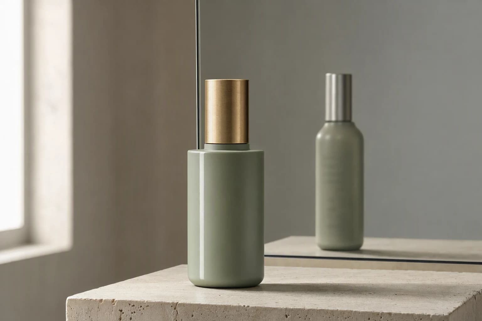 A sage green cosmetic bottle with a brass cap on a limestone plinth in front of a mirror, where the reflected bottle has a silver cap, a sloping shoulder and different proportions