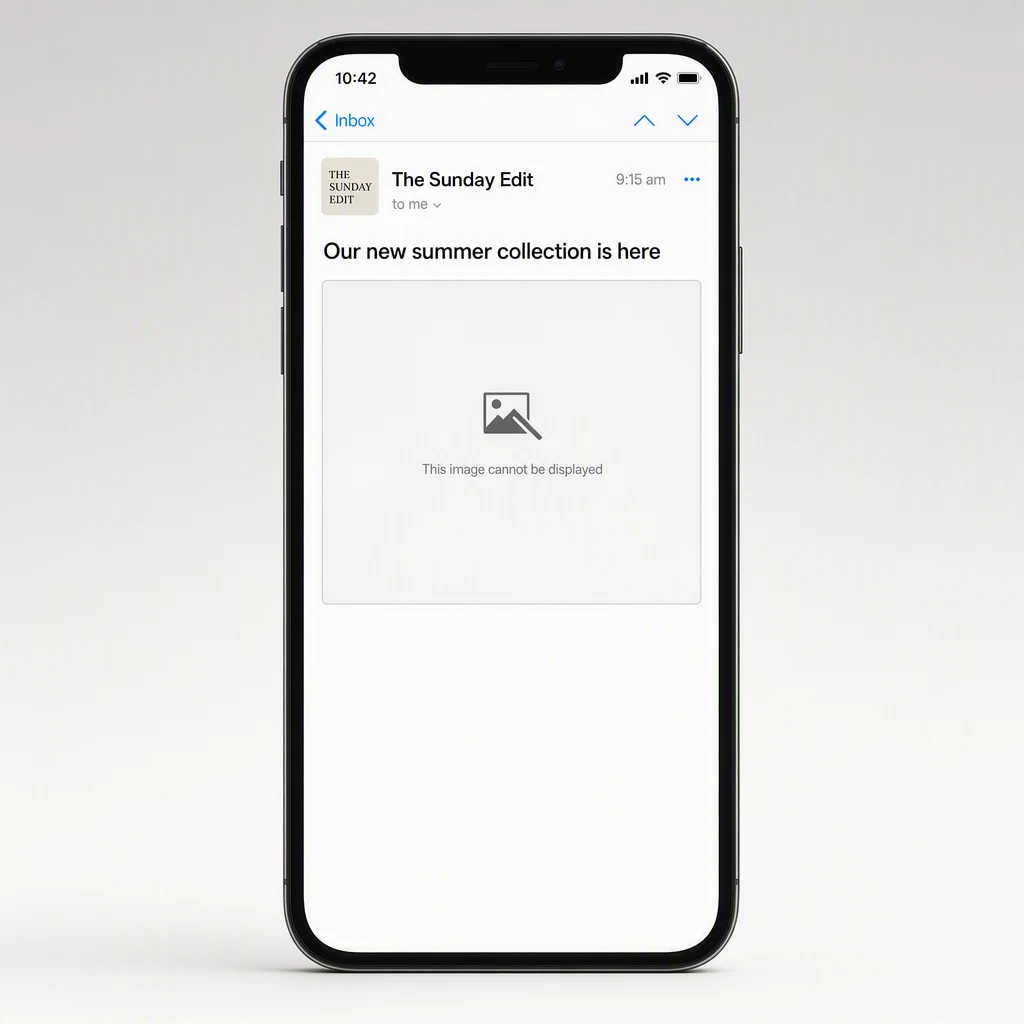 A phone showing an email whose entire body is a single empty grey placeholder box with a broken image icon and one line of small text