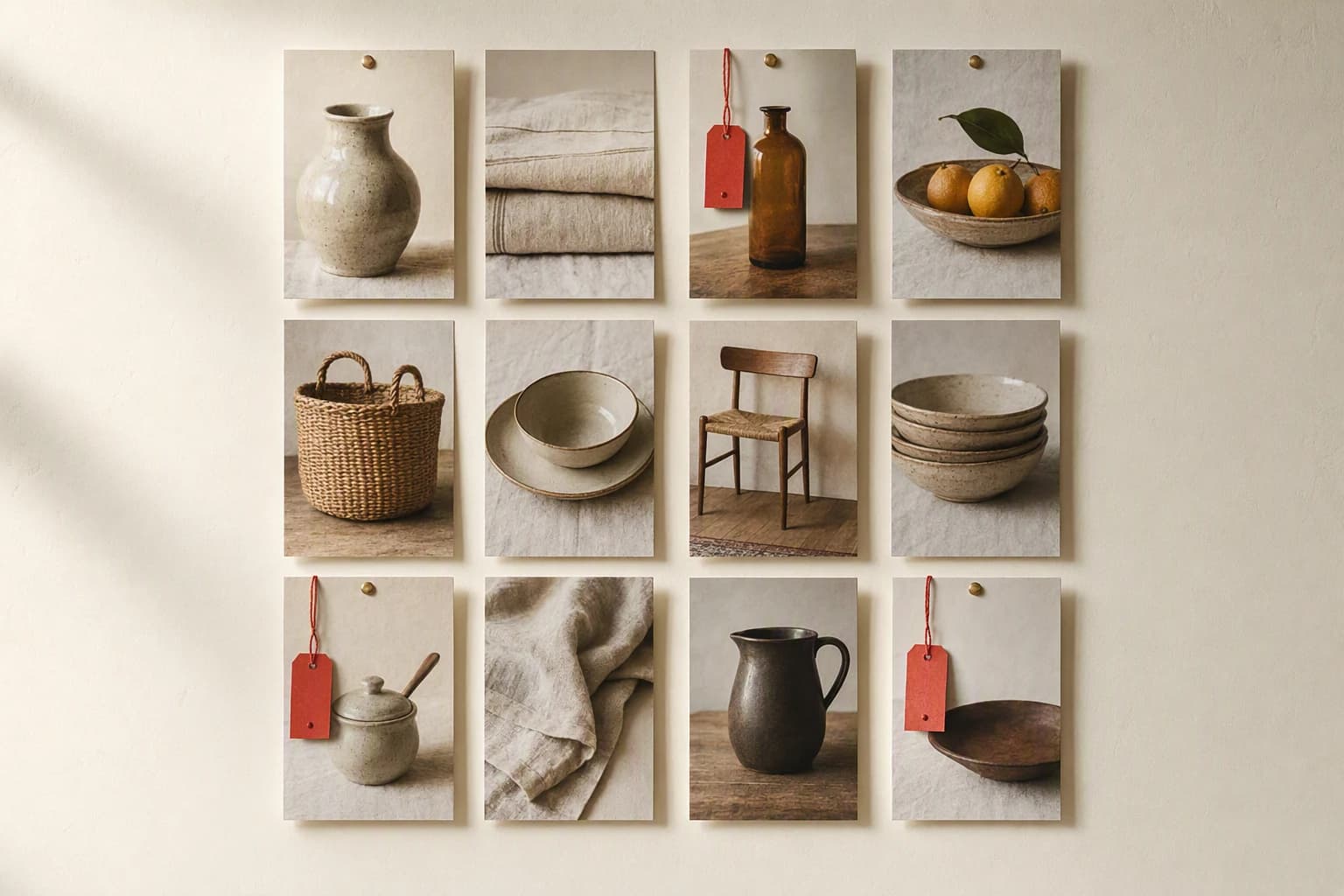 A grid of twelve tall product photographs pinned to a cream wall, three of them carrying small red paper tags
