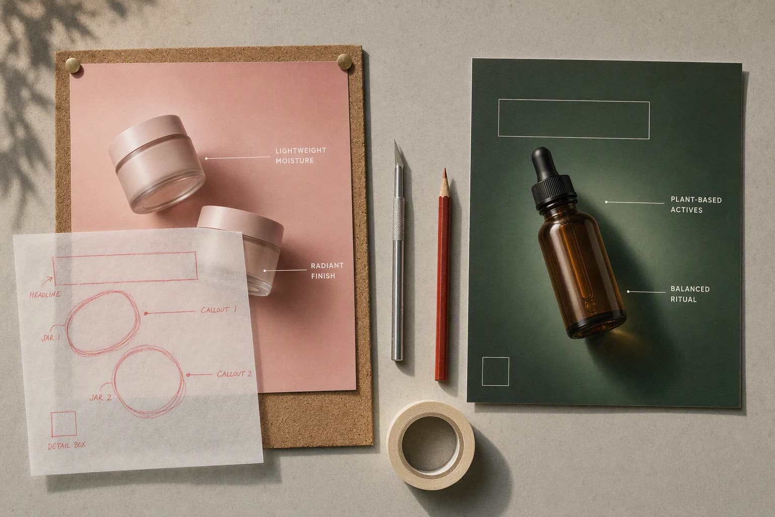 A printed advert on a cork board with a sheet of tracing paper over it showing only the layout drawn in red pencil, and a second advert beside it built on the same skeleton with a different product