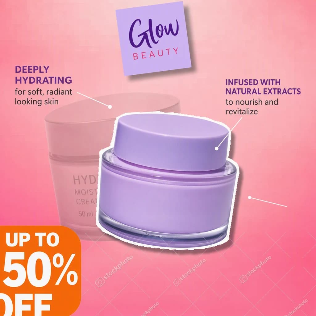 A crudely copied social advert: a product cut out with a jagged white halo pasted over the ghost of a different product, a misaligned logo tile, leader lines pointing at nothing and a clipped orange badge