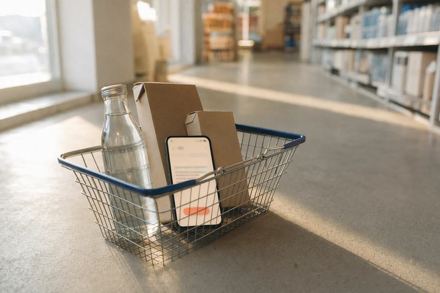 A wire shopping basket left on the floor of an empty store aisle holding two plain cartons and a glass bottle, with a phone propped inside showing an email and a single coral button