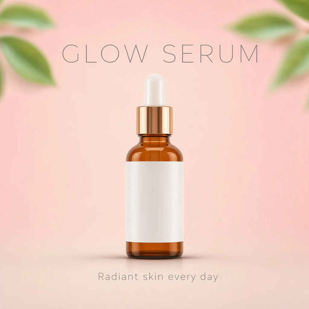A bland square skincare advert with an amber dropper bottle centred on a pink to cream gradient, two blurred leaves in the corners, and thin grey type reading Glow Serum above the line radiant skin every day