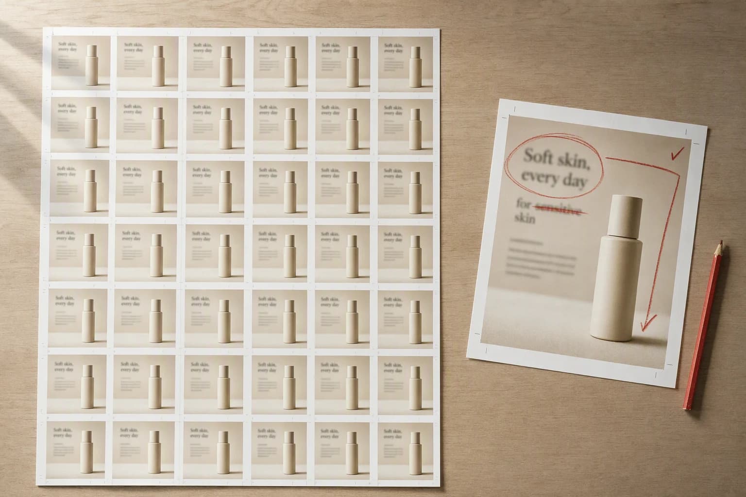 An overhead studio table holding a printed sheet of forty identical bland cosmetic adverts, and beside it one larger proof marked up by hand in red pencil
