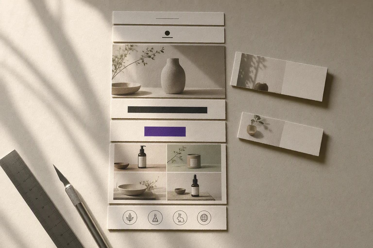 Overhead view of a printed marketing email cut into separate paper strips and stacked in order on a warm paper desk, with two strips lifted out to one side beside a steel ruler and a scalpel