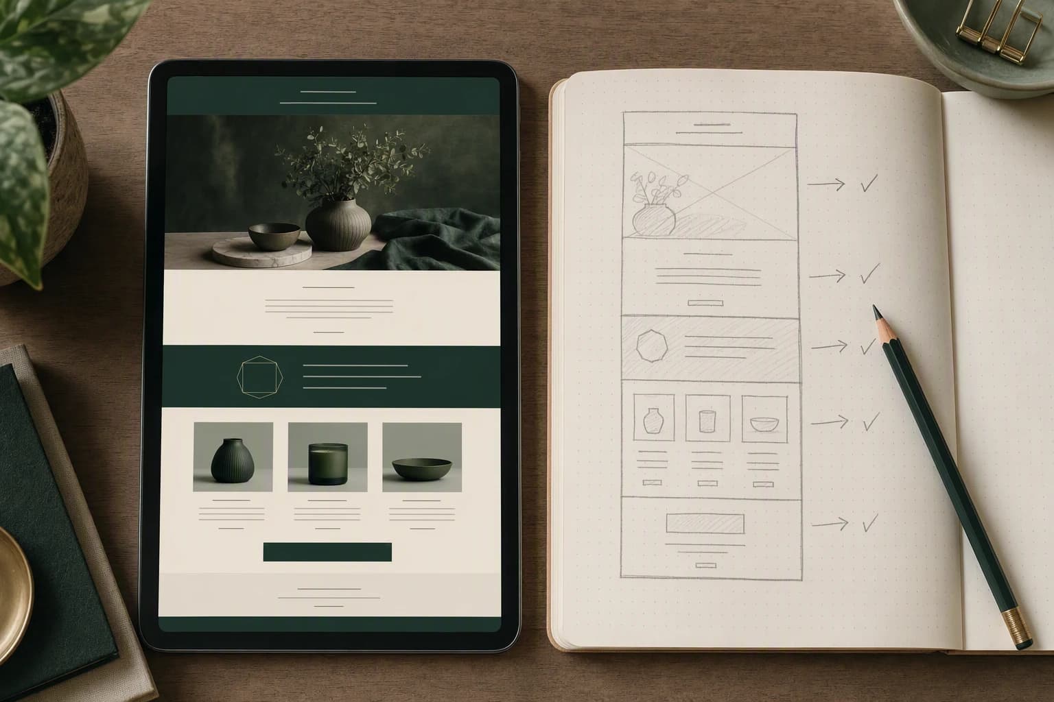 A tablet showing a long email design beside an open notebook with a hand-drawn wireframe of the same email