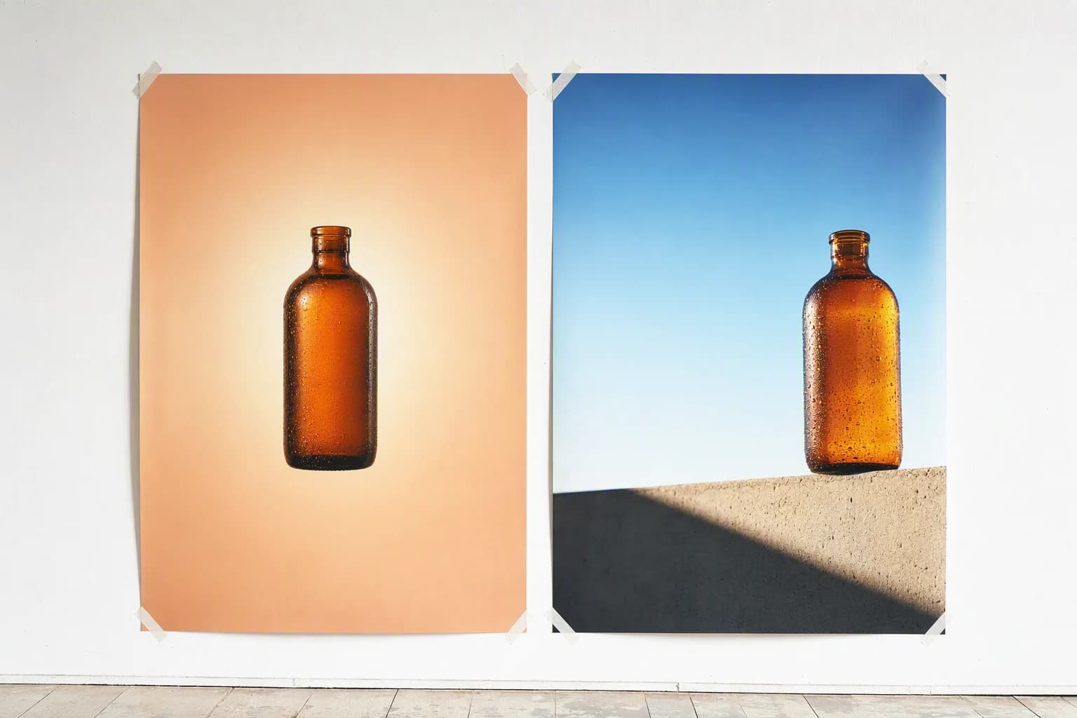 Two printed ad posters on a white wall: the same bottle centred on a flat peach gradient, and art directed on a sunlit ledge with a long shadow