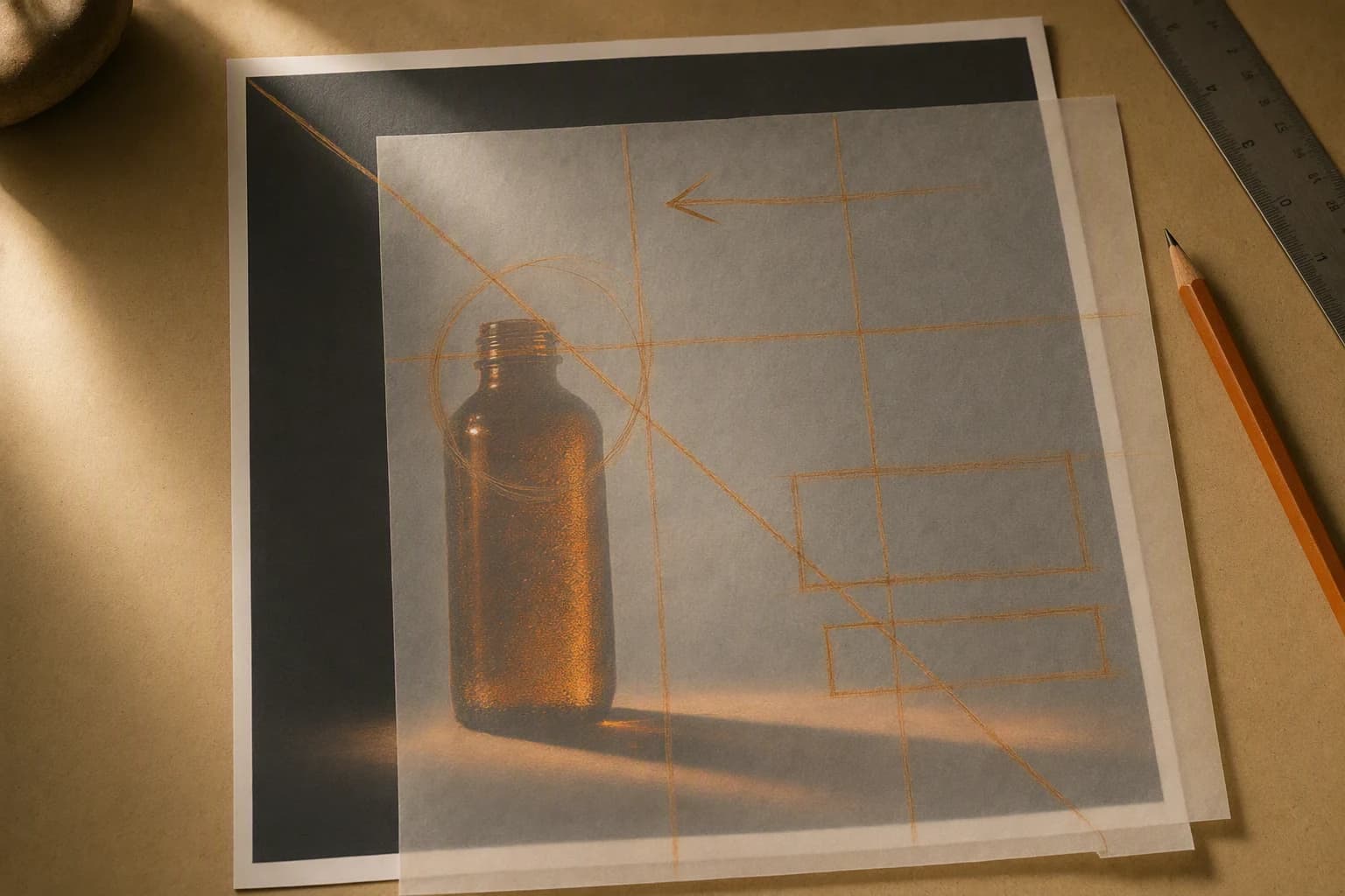 Tracing paper over a printed ad, with the crop line, the light direction and the type hierarchy drawn on top in pencil