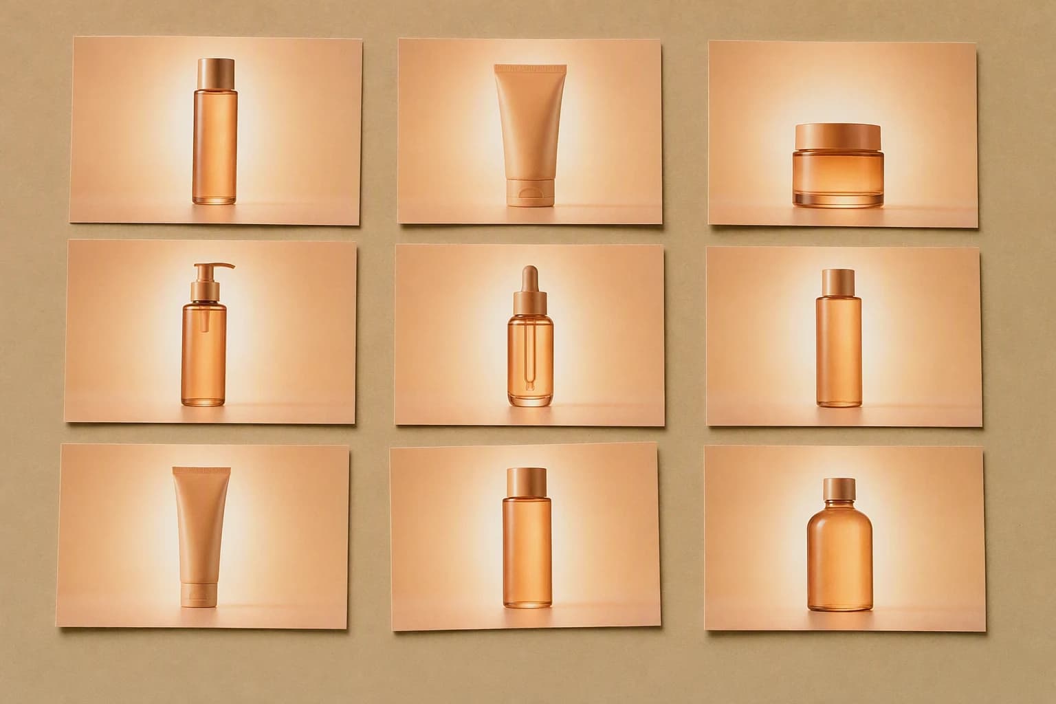 Nine printed ad cards laid out in a grid, each one a different product centred on the same soft peach gradient with the same glow behind it
