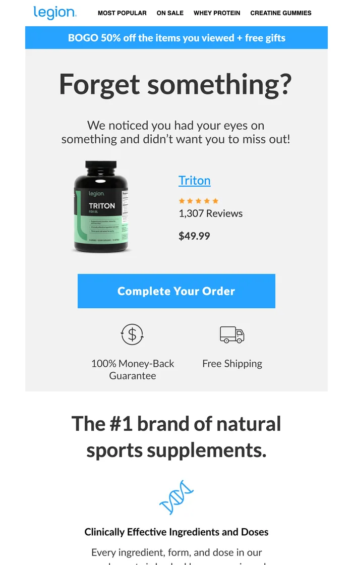 Legion Athletics cart email headlined Forget something, showing a Triton fish oil bottle with a five star rating, 1,307 reviews, a $49.99 price and a blue Complete Your Order button above money back guarantee and free shipping icons