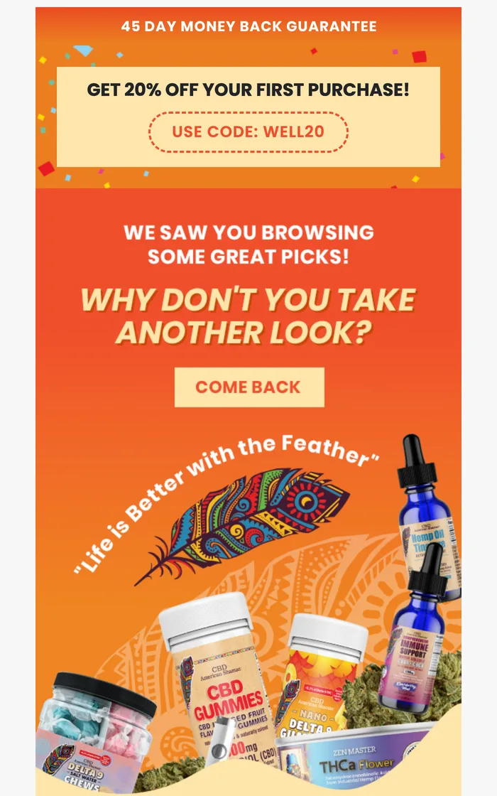 CBD American Shaman email on an orange background offering 20 percent off a first purchase with code WELL20, headlined we saw you browsing some great picks, with a Come Back button above a group of product bottles and tubs