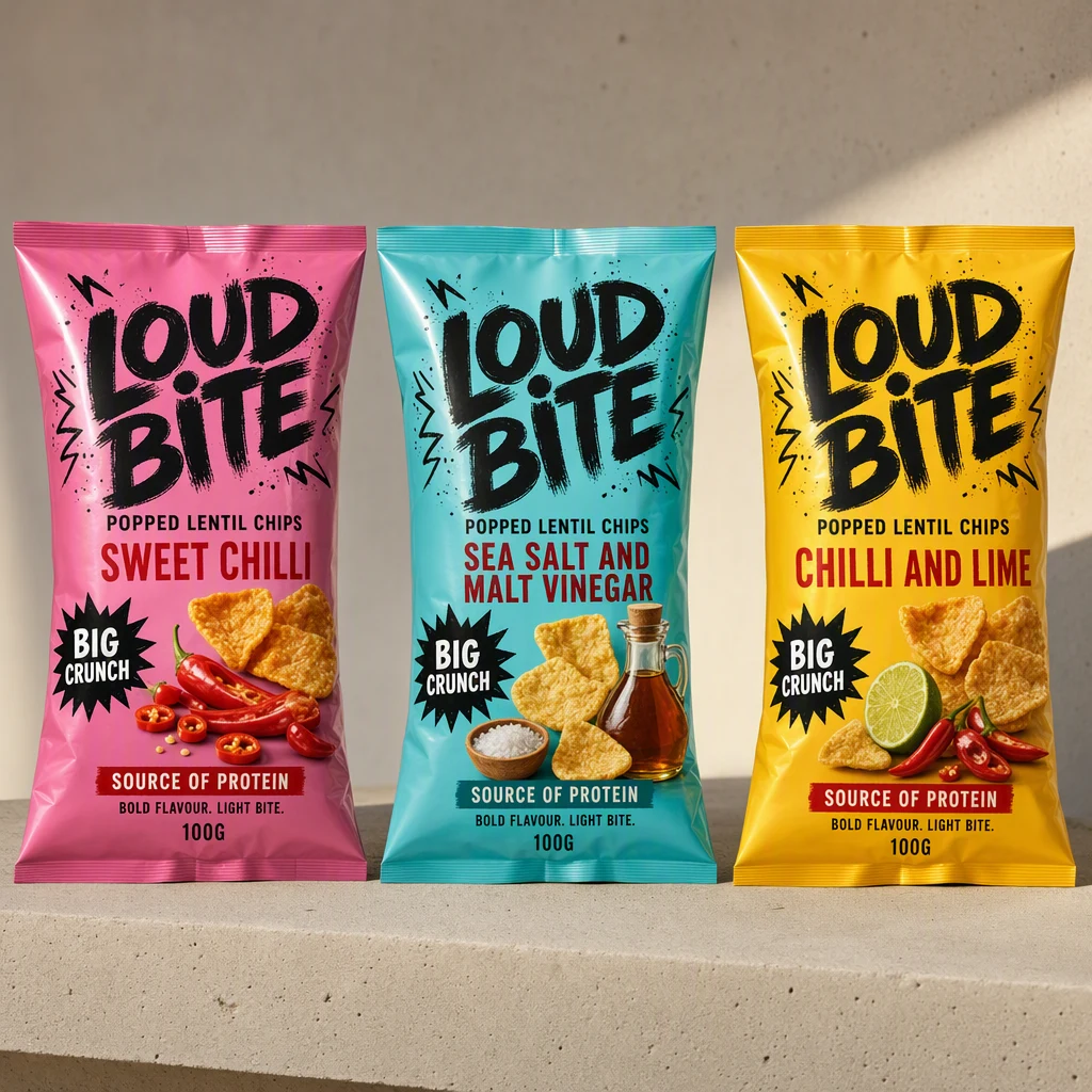 Three generated snack packs in pink, turquoise and yellow that resemble the real product but use a brush script wordmark and show triangular tortilla style chips