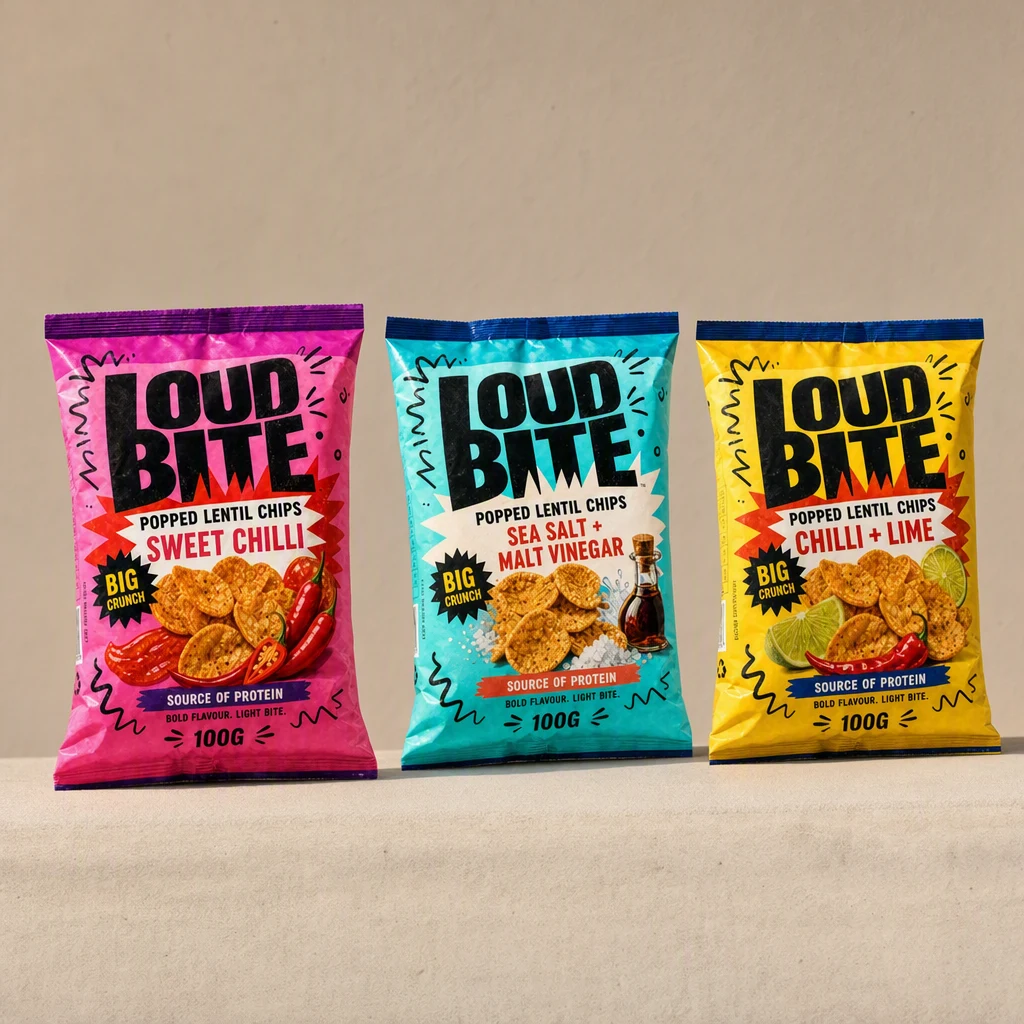 Three generated snack packs matching the real product closely, with the correct heavy slab wordmark, zigzag doodles, round chips and contrasting coloured top seal bands