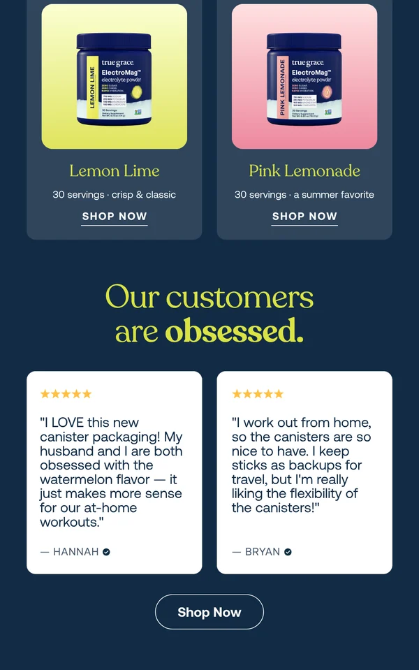 Bottom third of the same email: two more flavour cards, a customer reviews section with two five star quotes, and a final shop now button