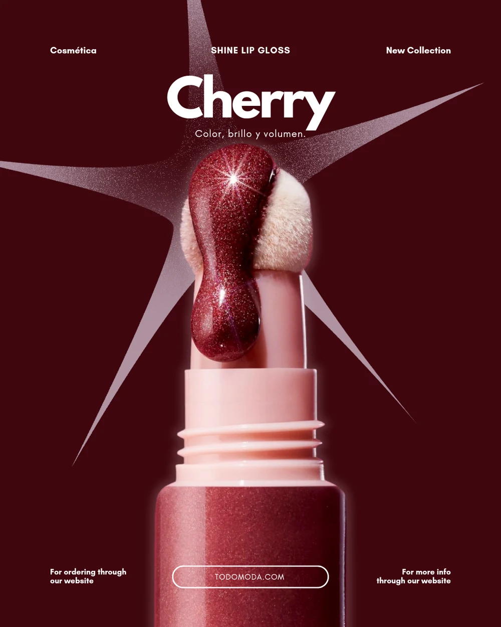 A vertical lip gloss advert on a deep burgundy background: a three part label row across the top, the word Cherry set large in white, a pale starburst behind the product, a macro shot of a glossy dark red gloss on its applicator, and a pill shaped website button at the bottom