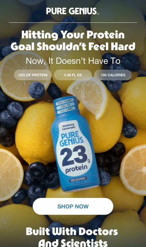 Top of a protein shot brand campaign email: centred wordmark, two line headline, three fact pills, the bottle on a bed of lemons and blueberries, and a white rounded button
