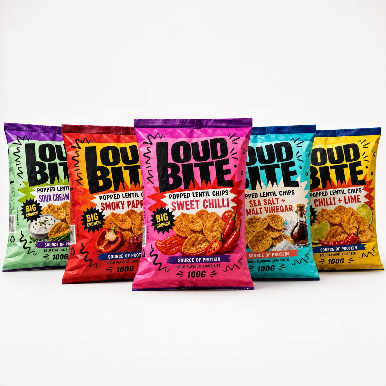 Five Loud Bite popped lentil chip packs standing in a row on white, in green, red, pink, turquoise and yellow, each with a heavy black wordmark and a flavour name