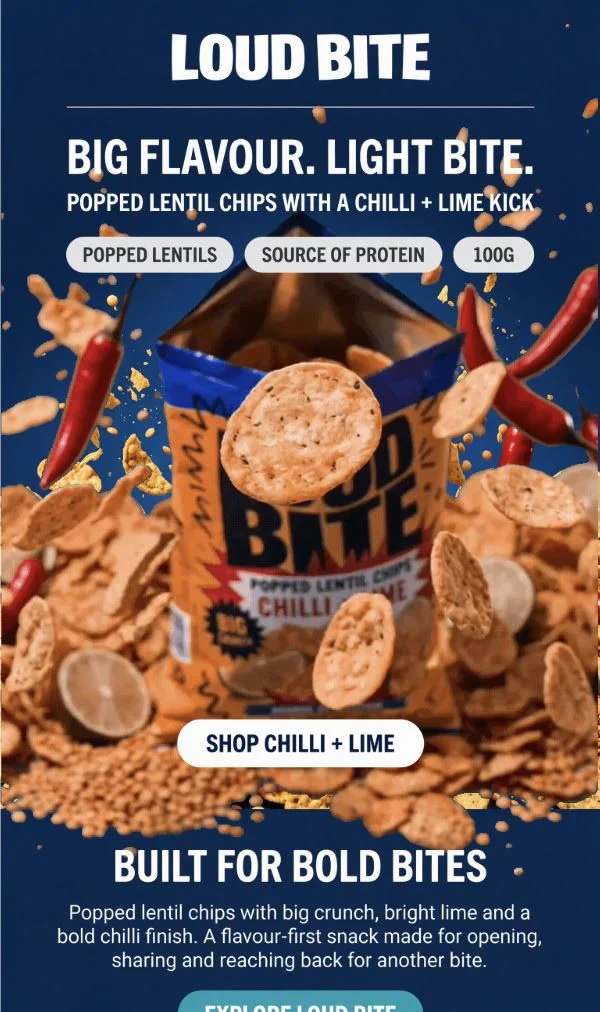 Top of a snack brand campaign email using the same wordmark, headline, fact pill and button arrangement, rebuilt in navy with a bag of popped lentil chips