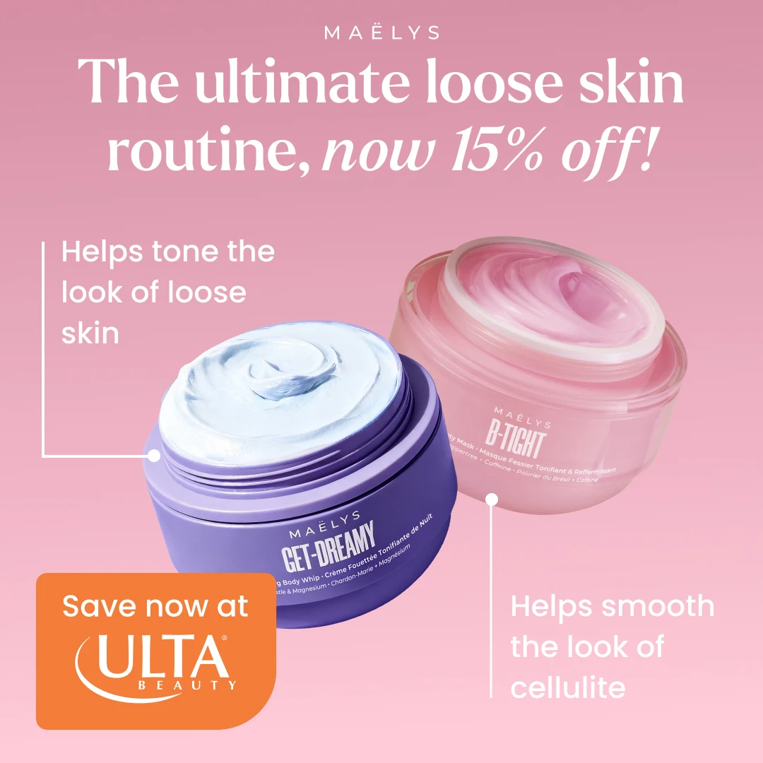 A MAELYS Cosmetics social advert on a pink background: centred wordmark, a serif headline carrying the offer, two open body cream jars at a diagonal with leader lines to a benefit each, and an orange retailer badge in the bottom left corner